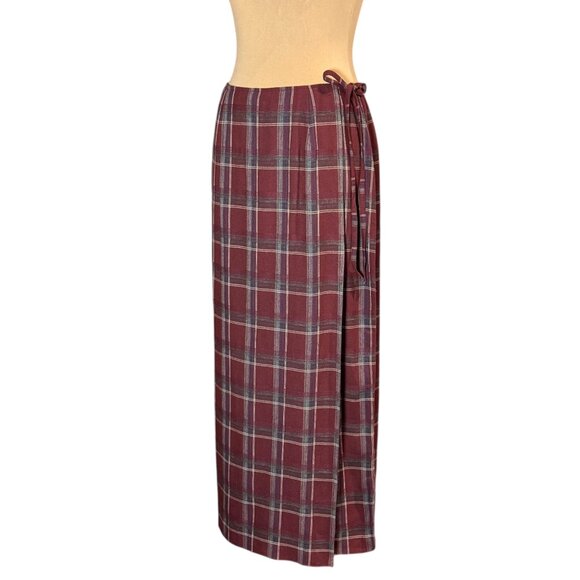 VTG Bonnie & Norma Plaid Wrap Midi Skirt Sz.M Burgundy Tartan Academia 90s Y2K - Picture 2 of 15